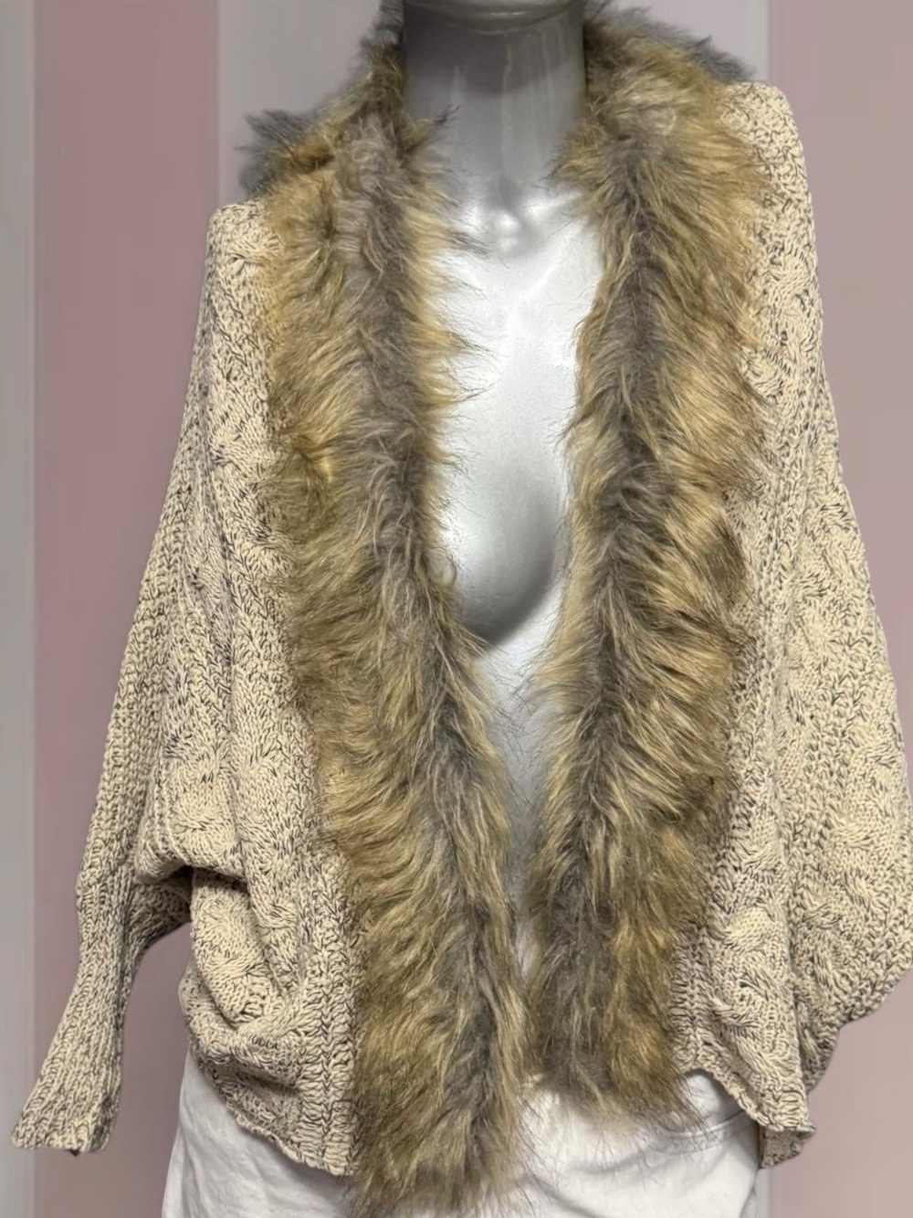 Cream & tan faux fur trim cardigan with lace-up back